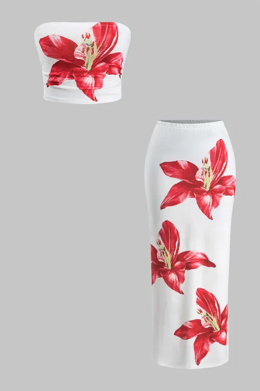 Floral Print Strapless Tube Top And Skirt Set sold by Micas