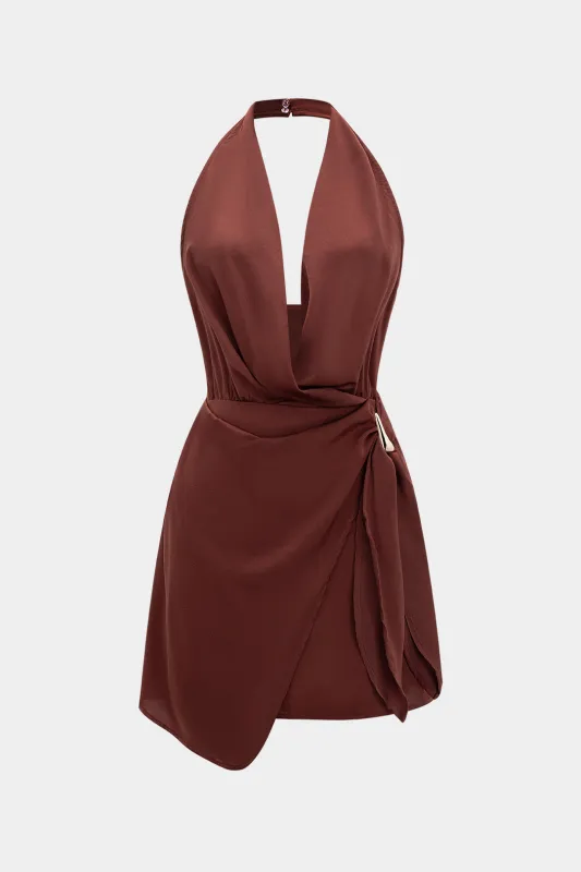 Satin Halter Neck Ruched Backeless Sleeveless Mini Dress sold by Micas