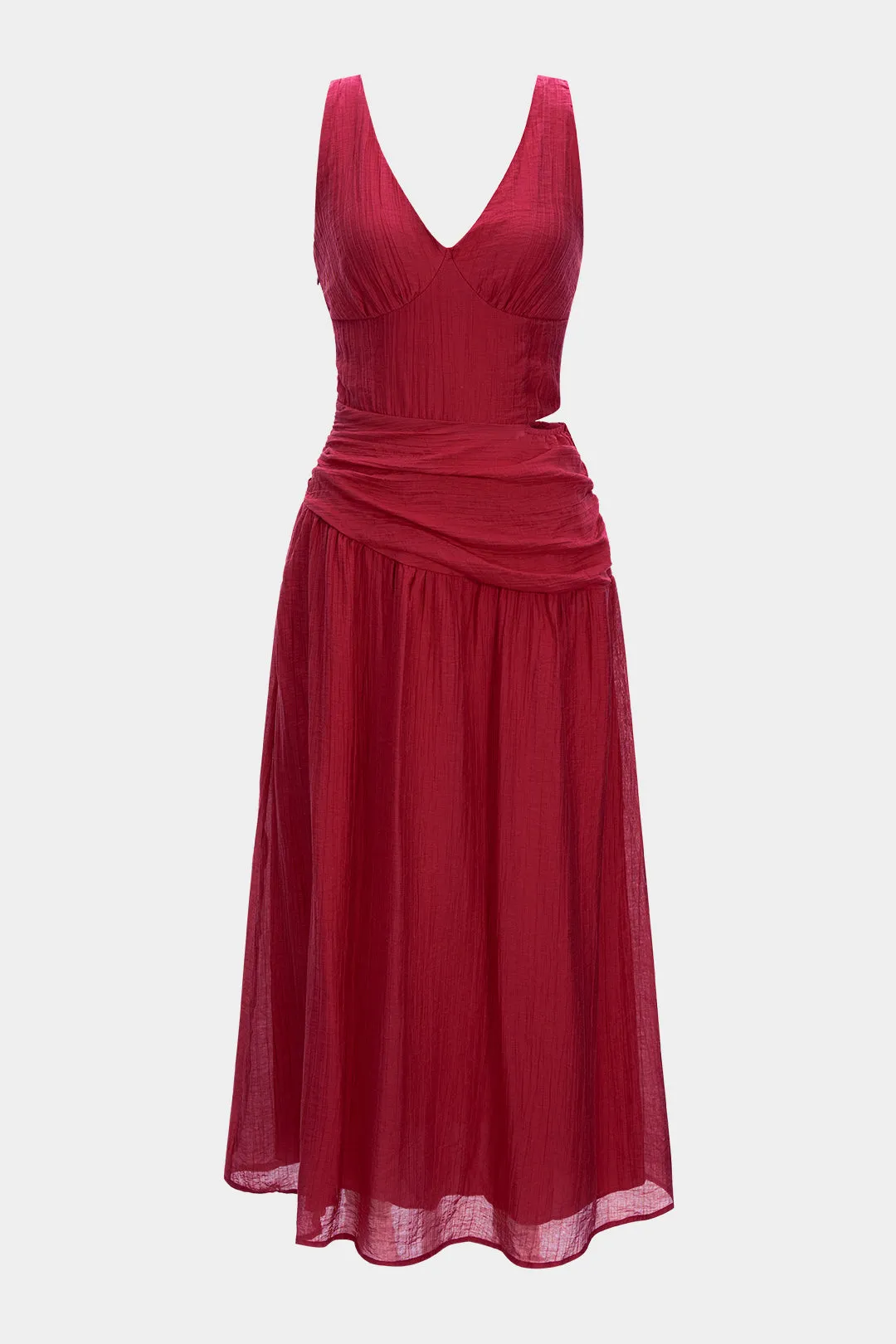 V-Neck Cut Out Asymmetrical Ruched Sleeveless Midi Dress sold by Micas