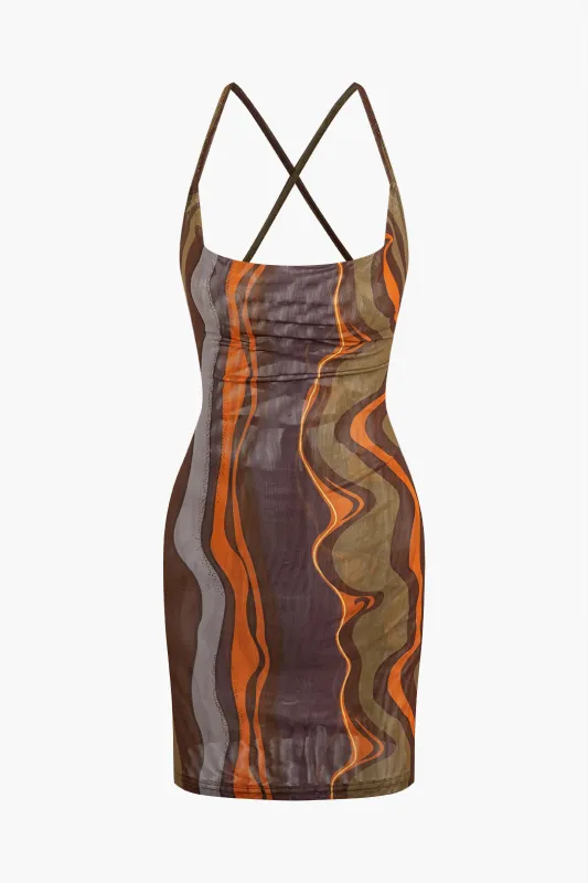 Mesh Stripes Print Tie Back Slip Backless Sleeveless Mini Dress sold by Micas