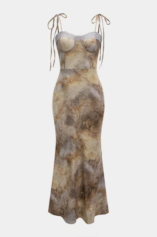Abstract Print Lace Bustier Patchwork Tie-Up Slip Sleeveless Maxi Dress sold by Micas