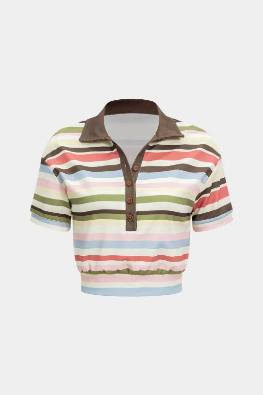 Stripes Print Patchwork Short Sleeve T-Shirt sold by Micas