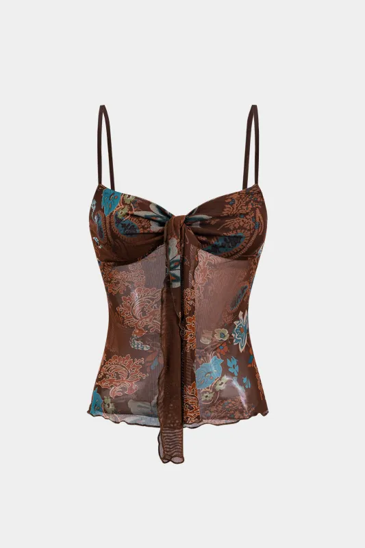 Contrast Retro Print Mesh Tie-Up Knot Slip Cami Top sold by Micas