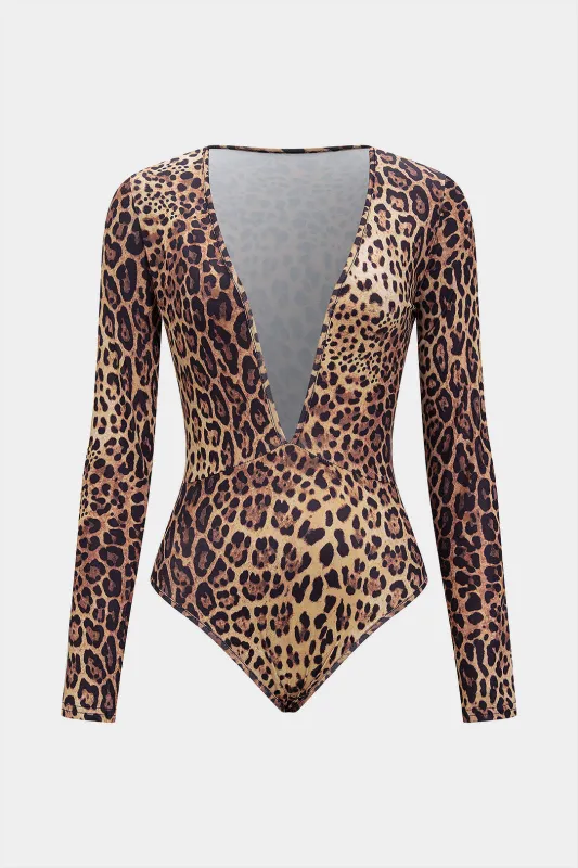 Leopard Print Deep V-Neck Button Long Sleeve Bodysuit sold by Micas