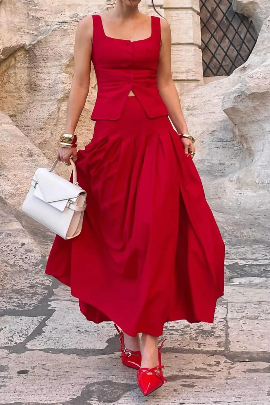 Linen Button Tank Top And Ruched Side Slit Skirt Set sold by Micas