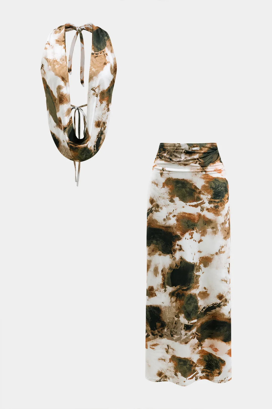 Contrast Print Backless Tie-Up Sleeveless Top And Ruched Skirt Set sold by Micas
