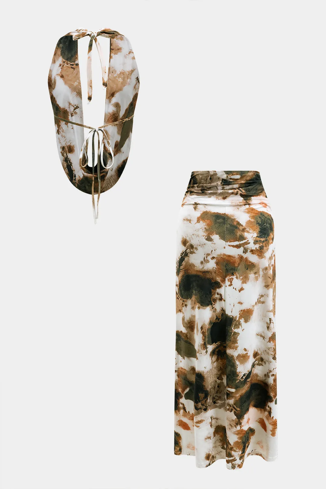 Contrast Print Backless Tie-Up Sleeveless Top And Ruched Skirt Set sold by Micas product image thumbnail 2