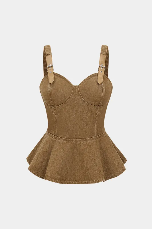 Denim Faux Leather Patchwork Zipper Crop Top sold by Micas