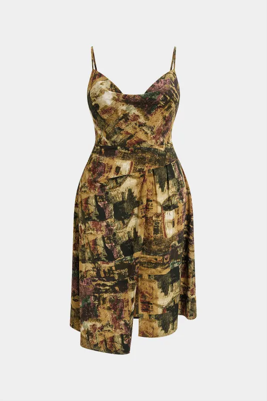 Plus Size Abstract Print Zipper Draped Slit Sleeveless Midi Dress sold by Micas