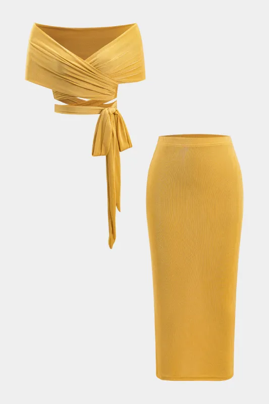 Crossed Tie-Up Knotted Wrap Off Shoulder Top And Skirt Set sold by Micas