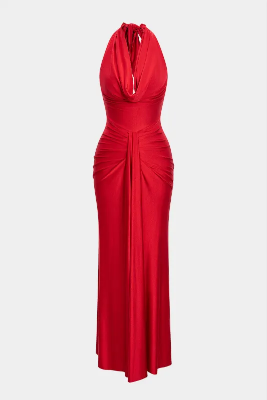 Halter Draped Cowl Neck Tie-Back Ruched Backless Sleeveless Maxi Dress sold by Micas