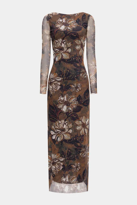 Mesh Floral Retro Print Backless Long Sleeve Maxi Dress sold by Micas