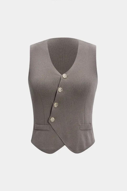 Asymmetrical Button V-Neck Tank Top sold by Micas