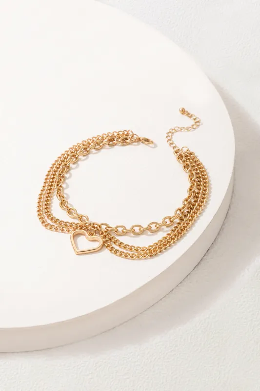 Metallic Heart-Shaped Chain Tassel Three-Layer Anklet sold by Micas