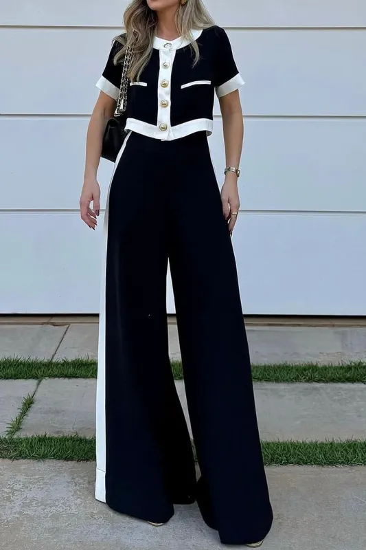Contrast Metallic Button Short-Sleeve Shirt And Wide Leg Trousers Set sold by Micas