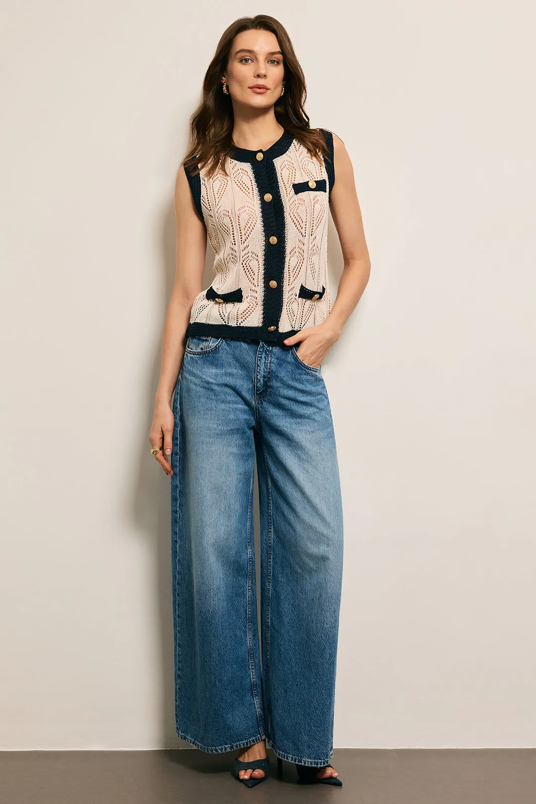 Knit Contrast Cut Out Button Sleeveless Vest sold by Micas product image thumbnail 3