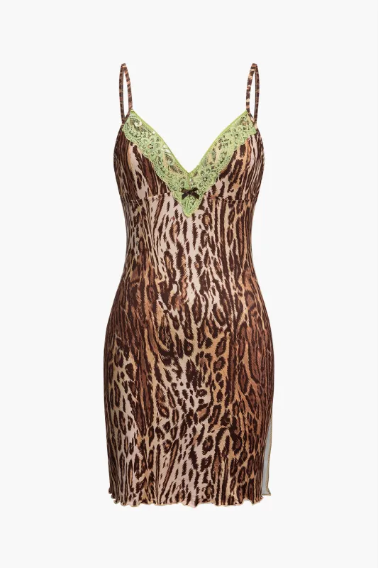 Leopard Print Lace Trim Bow Slip Sleeveless Mini Dress sold by Micas