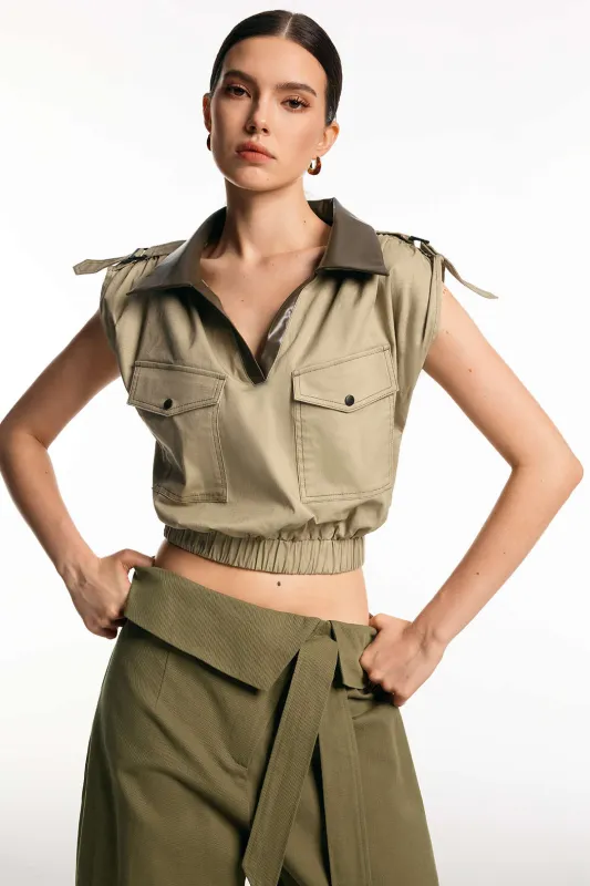 Faux Leather Patchwork Shirred Short-Sleeve Shirt sold by Micas