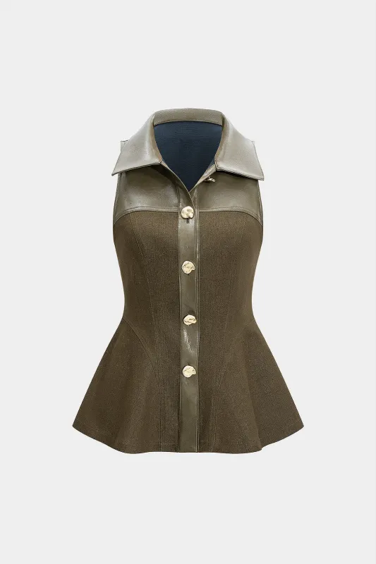 Faux Leather Linen Patchwork Ruched Short-Sleeve Shirt sold by Micas