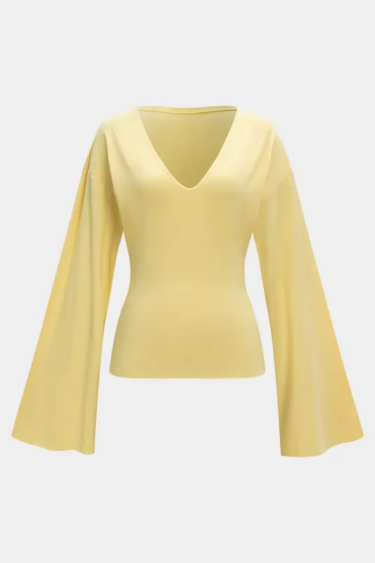 Solid V-Neck Bell Long-Sleeve Top sold by Micas