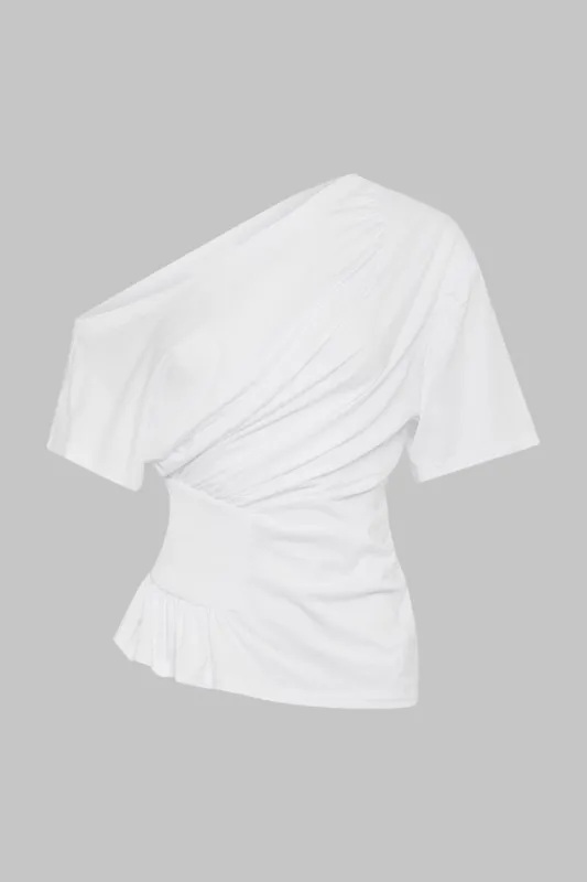 Ruched Asymmetrical Neck Short Sleeve T-Shirt sold by Micas