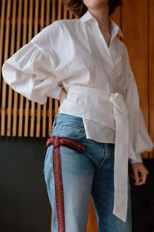 Tie Front Puff Sleeve Wrap Long-Sleeve Shirt sold by Micas