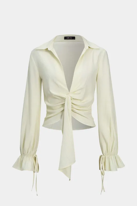 Tie Front Ruched Drawstring Long-Sleeve Shirt sold by Micas
