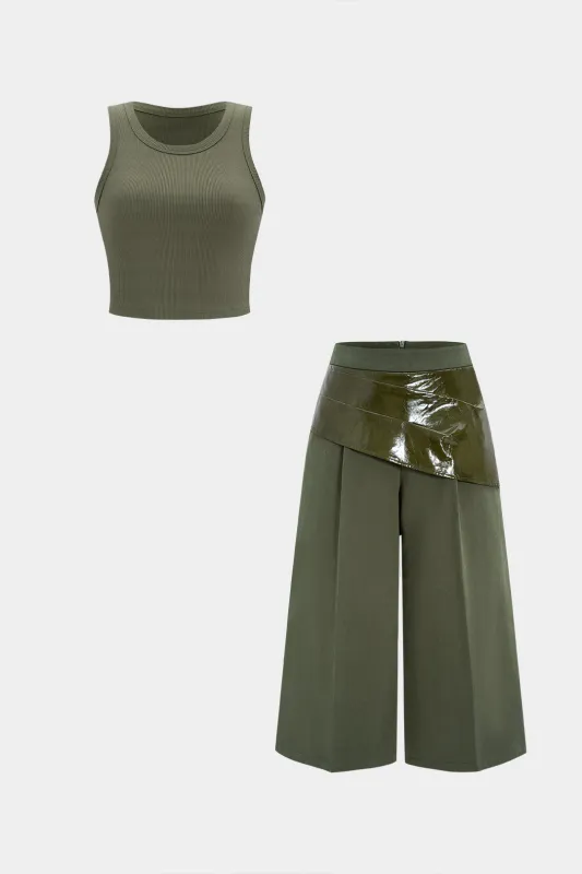 Basic Tank Top And Faux Leather Zipper Asymmetrical Ruched Patchwork Shorts Set sold by Micas