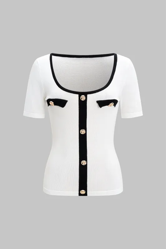 Contrast Metallic Button Short Sleeve T-Shirt sold by Micas