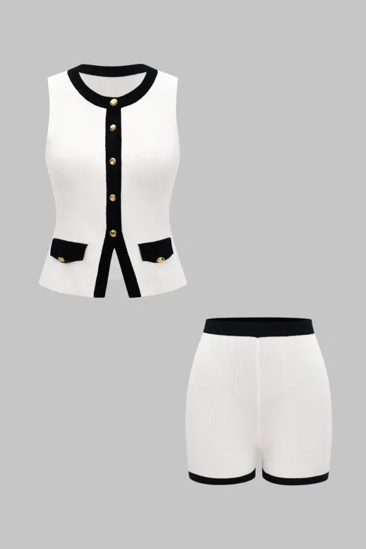 Knit Contrast Binding Metallic Button Fake Pocket Vest And Shorts Set sold by Micas
