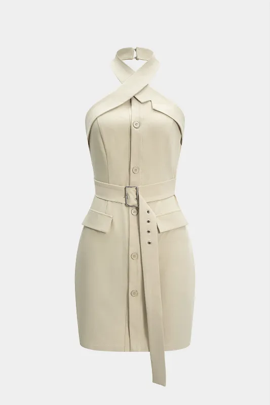 Crossed Halter Neck Belted Backless Sleeveless Mini Dress sold by Micas