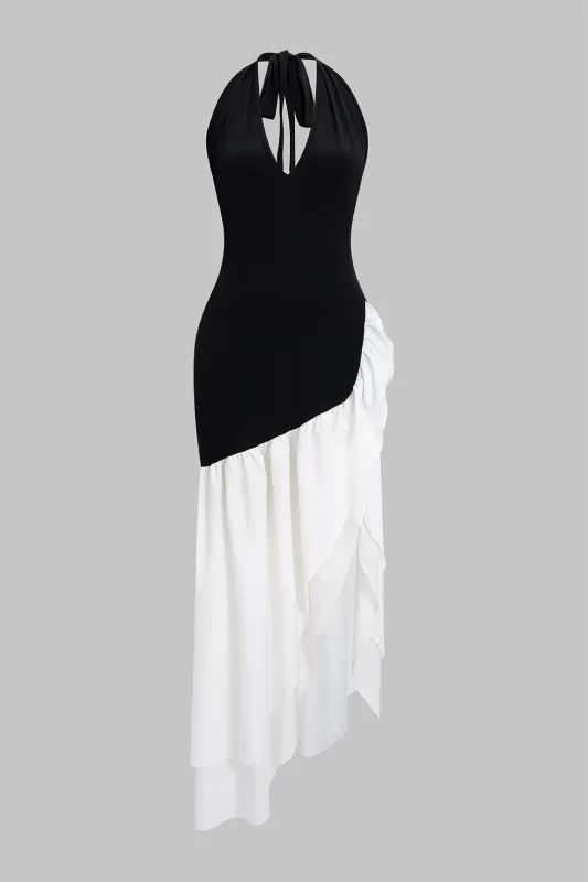 Contrast Halter Tie-Front Ruffle Asymmetrical Slip Maxi Dress sold by Micas