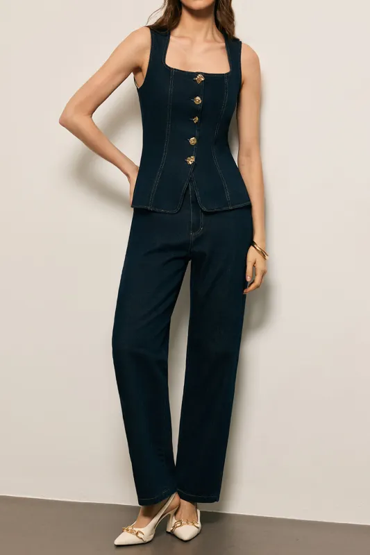 Denim Metallic Button Tank Top And Straight Leg Jeans Set sold by Micas