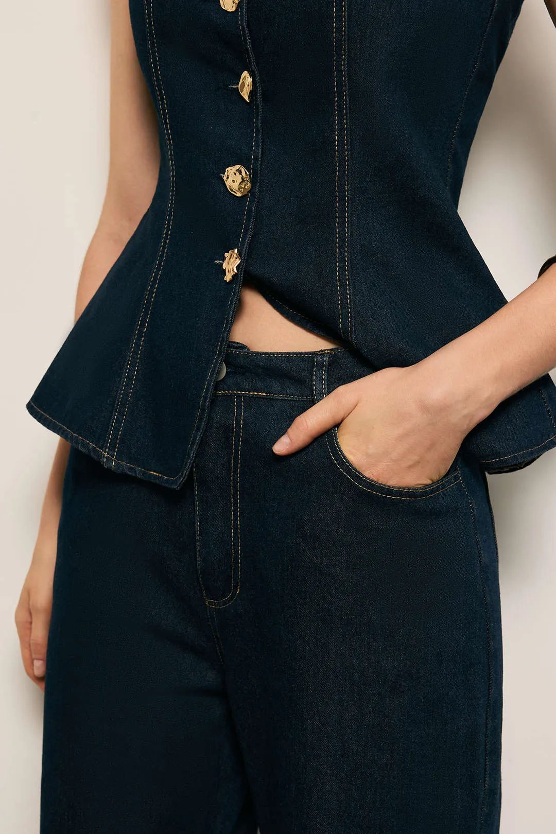 Denim Metallic Button Tank Top And Straight Leg Jeans Set sold by Micas product image thumbnail 5