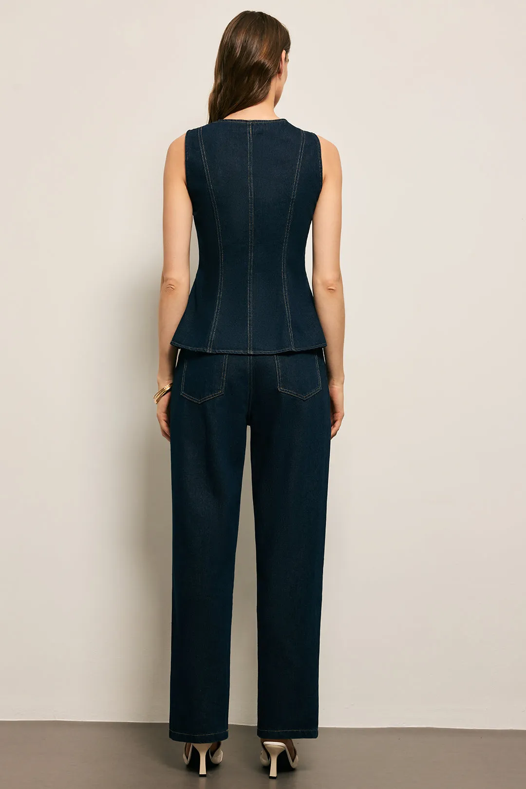 Denim Metallic Button Tank Top And Straight Leg Jeans Set sold by Micas product image thumbnail 2