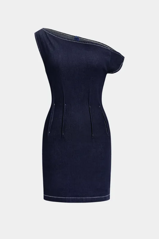 Denim Asymmetrical Neck Zipper Sleeveless Dress sold by Micas