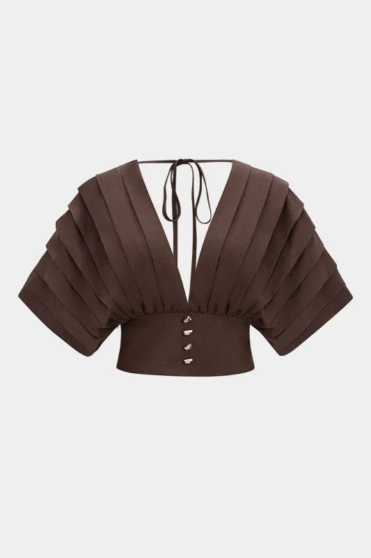 Linen Tie Back Pleated Cut Out Backless Short-Sleeve Shirt sold by Micas