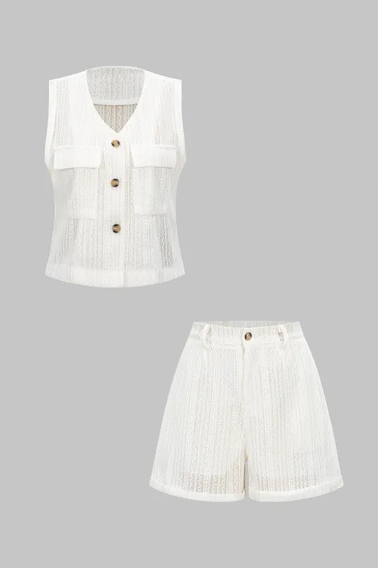 Button Cut Out Vest And Wide Leg Shorts Set sold by Micas