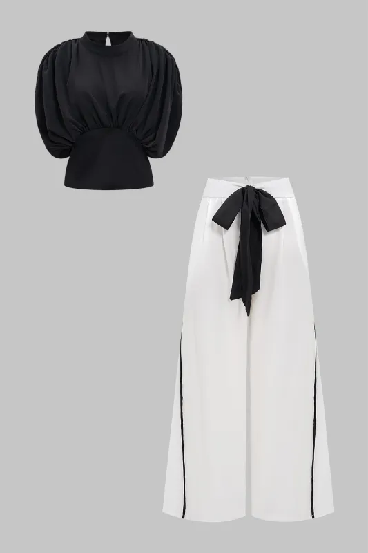 Waist-Cinching Ruched Short-Sleeve Top And Contrast Tie-Front Wide Leg Trousers Set sold by Micas