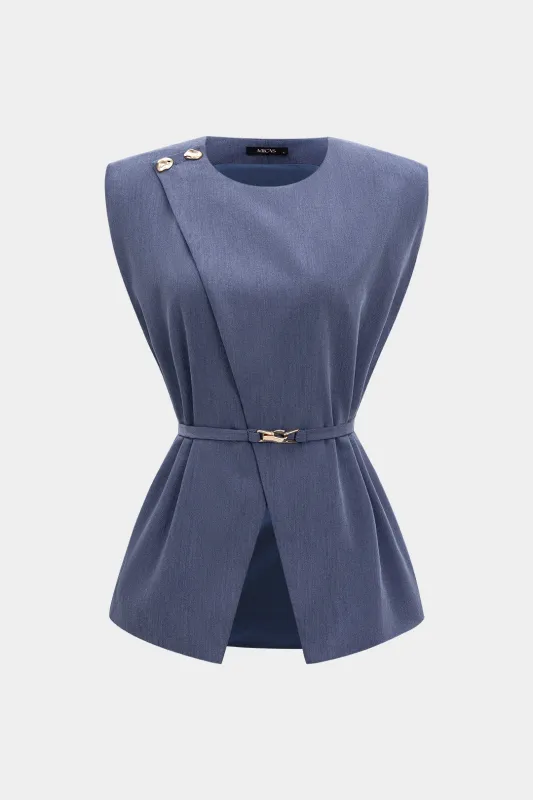 Metallic Button Asymmetrical Belted  Vest sold by Micas