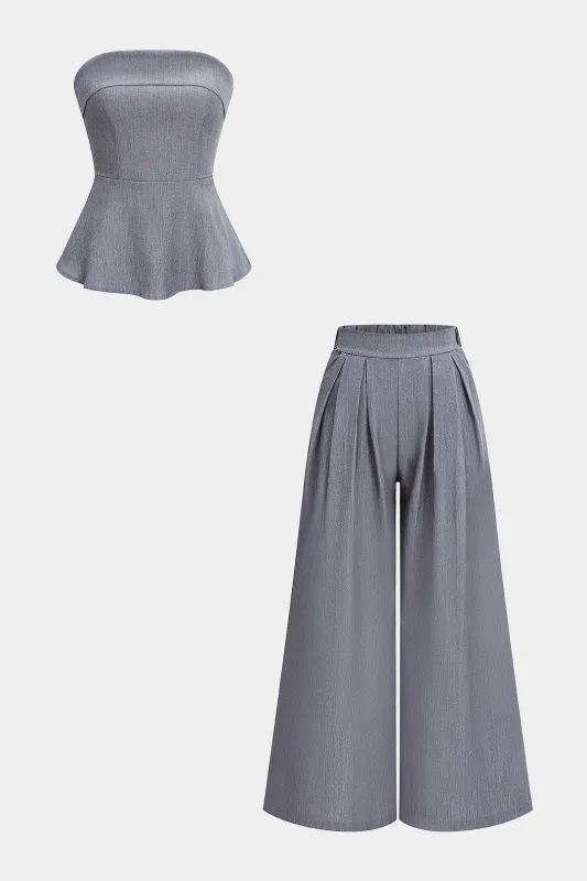 Shirred Strapless Tube Top And Wide Leg Trousers Set sold by Micas