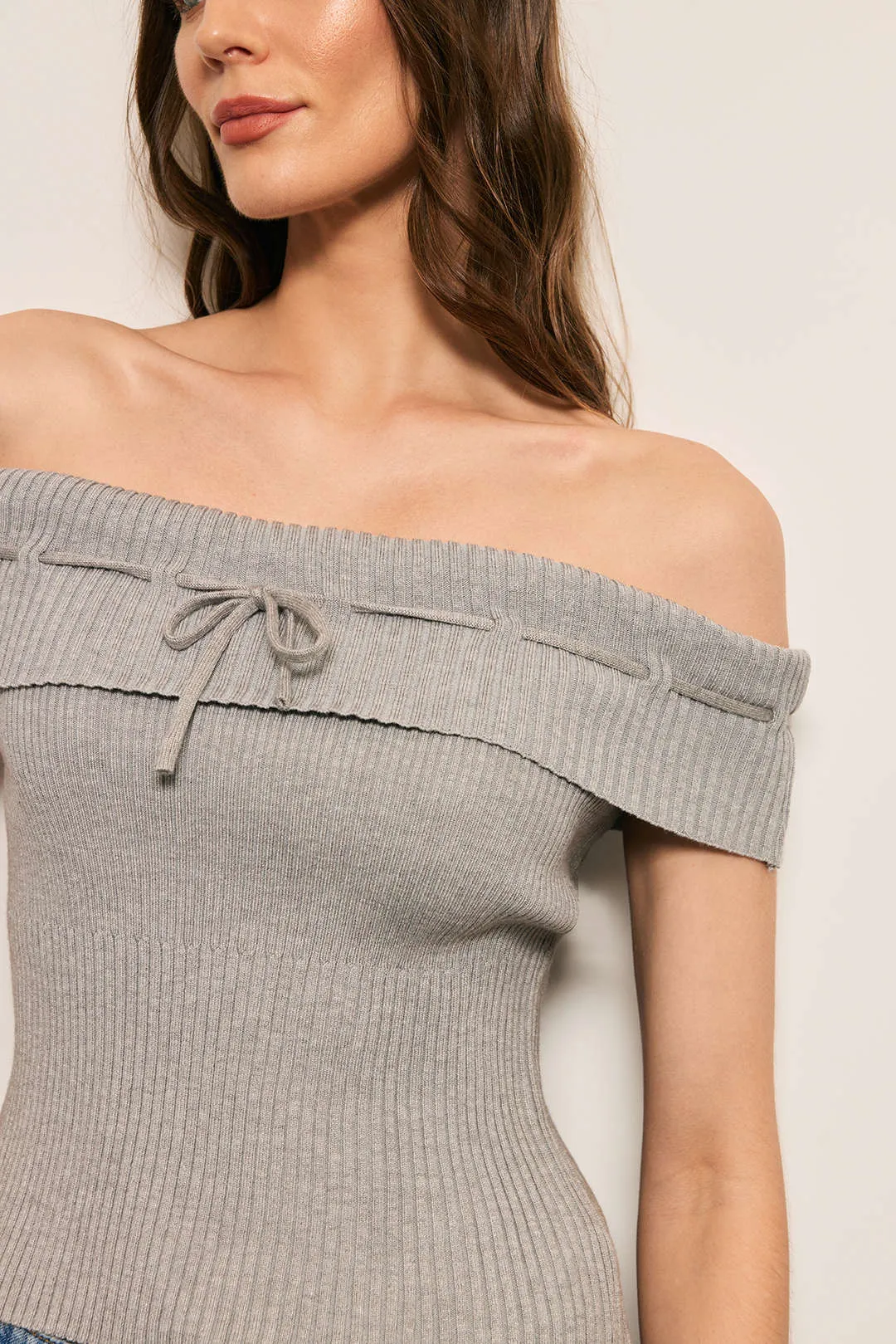 Knit Off Shoulder Bow Tie-Up Top sold by Micas product image thumbnail 3