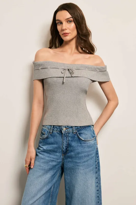 Knit Off Shoulder Bow Tie-Up Top sold by Micas
