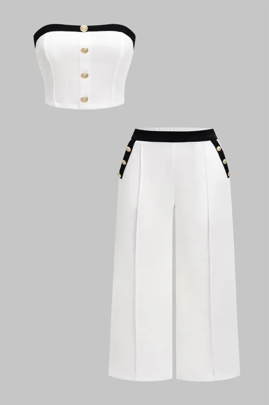 Plus Size Contrast Button Tube Top And High Waist Wide Leg Trousers Set sold by Micas