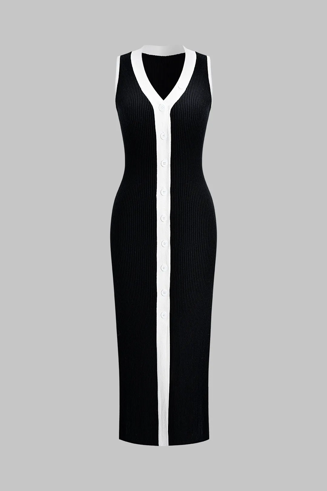 Knit Contrast Button Sleeveless Dress sold by Micas