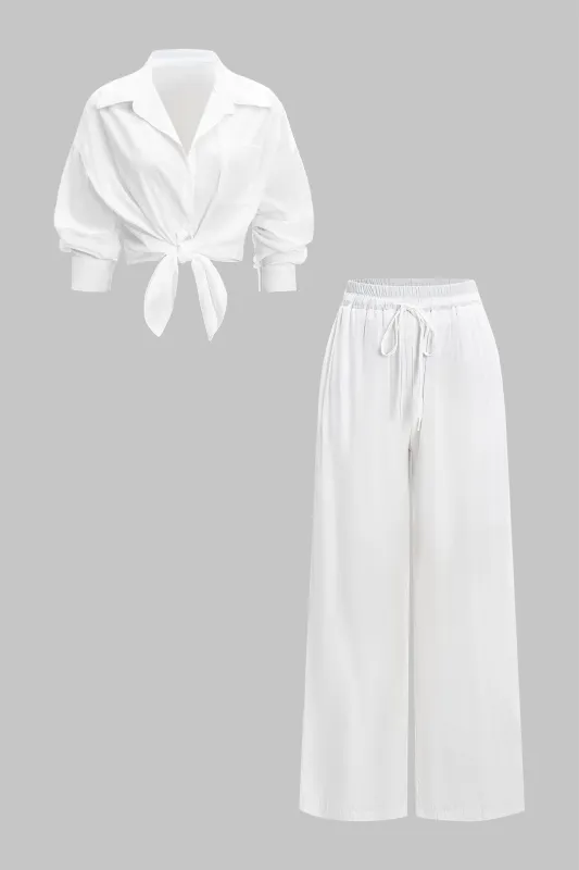 Solid Button Long-Sleeve Shirt And Tie-Up Wide Leg Trousers Set sold by Micas