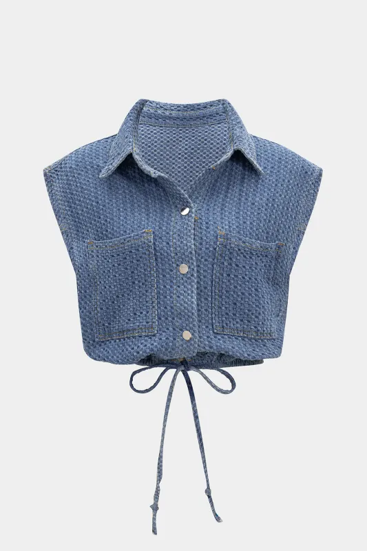 Denim Drawstring Button Vest sold by Micas