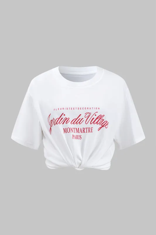 Retro Print Letter Round Neck Short Sleeve T-Shirt sold by Micas