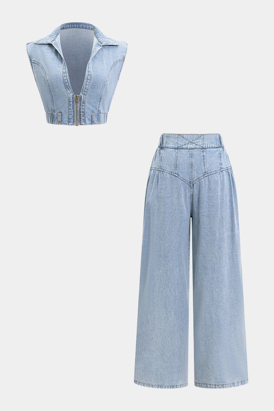 Denim V-hals lynlås tank top og jeans sæt sold by Micas