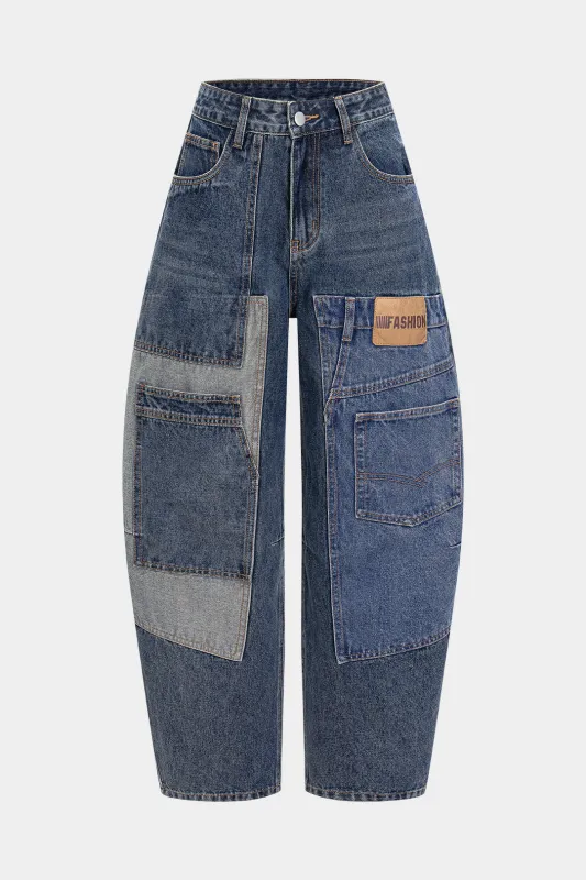 Denim patchwork tønde jeans sold by Micas